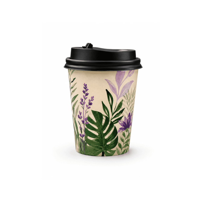 A single walled paper cup featuring a floral design in green and purple, topped with a black lid.