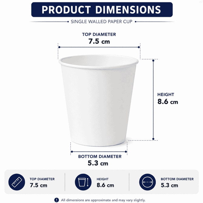 A white single walled paper cup with dimensions, featuring a logo. Suitable for drinks, with a top diameter of 7.5 cm.