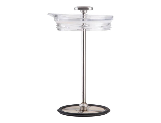 A drink bottle with a stainless steel base, clear lid, and a black rubber ring for stability. It has a logo on the body.