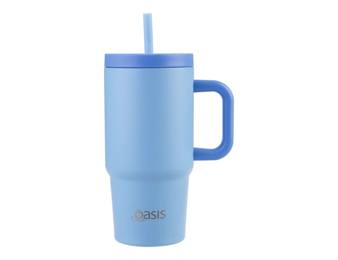 A drink bottle with a light blue body, blue lid, a straw, and a handle. It features a branding logo.