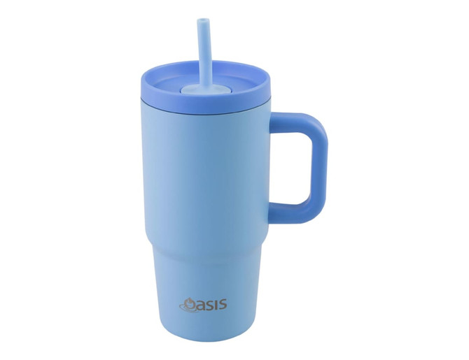 A drink bottle in light blue with a straw, handle, and insulated design, featuring a logo.