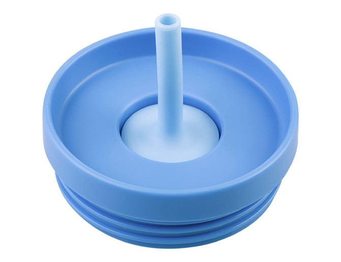 A drink bottle lid in light blue, featuring a central spout and a textured rim for grip. It has a branding logo.