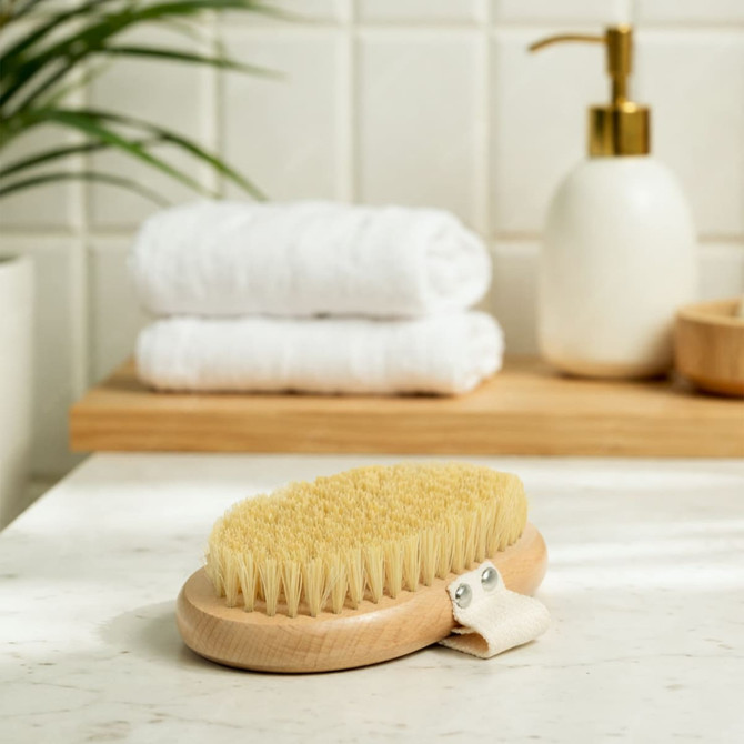 A sisal wooden brush with a smooth wooden base, set on a marble surface near towels and a bottle.