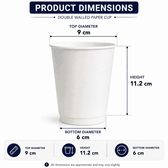 A double-walled paper cup in white, measuring 11.2 cm in height with a top diameter of 9 cm and a bottom diameter of 6 cm.