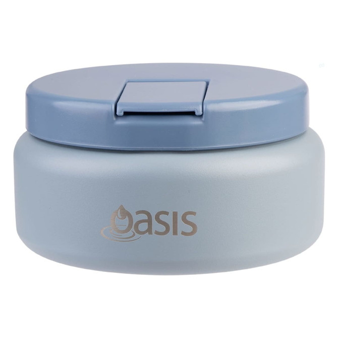 A food flask in light blue and grey with a lid and a logo on the side.