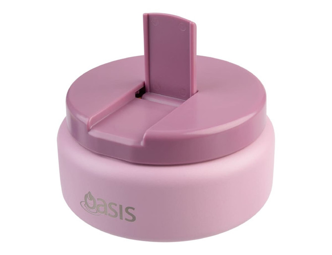 A food flask in a soft pink colour, featuring a quick release top, with a logo on the side.