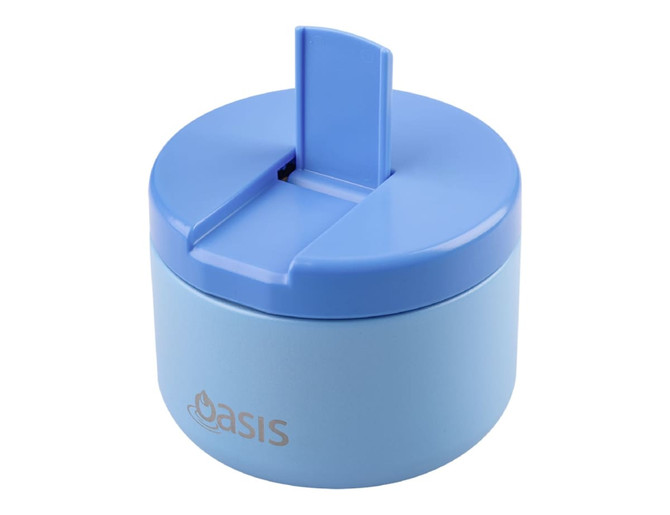 A drink bottle in light blue with a quick-release lid and branding on the side.