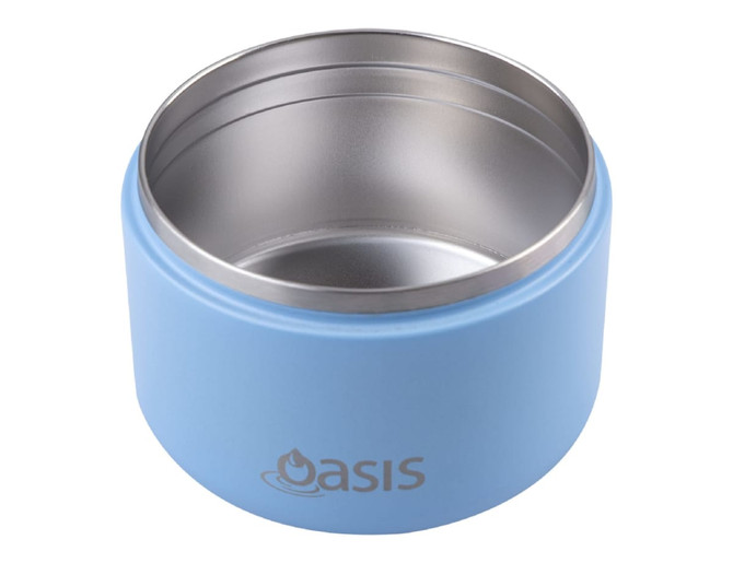 A food flask in pastel blue, featuring a stainless steel interior and a logo.