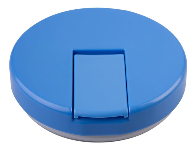 A blue insulated food flask with a quick-release lid and a smooth surface, featuring a logo on the top.