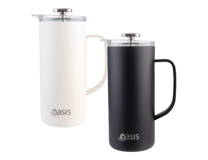 A drink bottle with a white and a black insulated coffee press design, featuring a lid and handle. It has a logo.