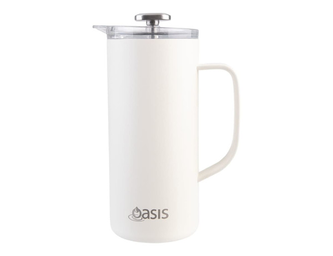 A drink bottle in white with a stainless steel lid and a handle, featuring a logo. 