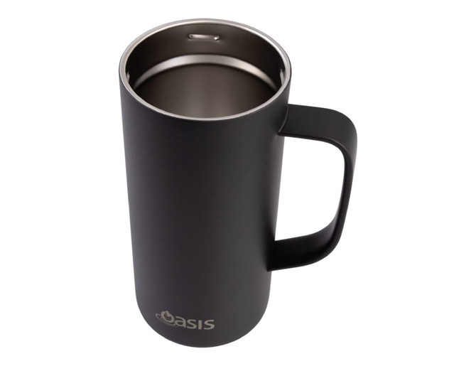 A drink bottle in matte black with a handle and insulated design, featuring a stainless steel interior and branding.