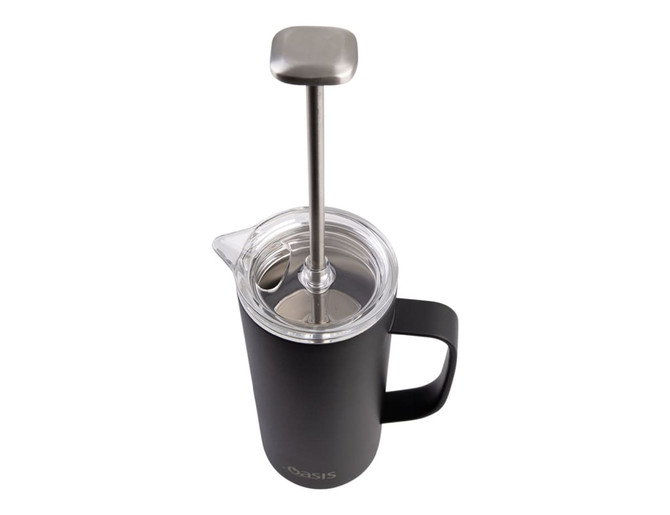 A drink bottle in matte black with a stainless steel plunger and a clear lid, featuring a handle and a logo.