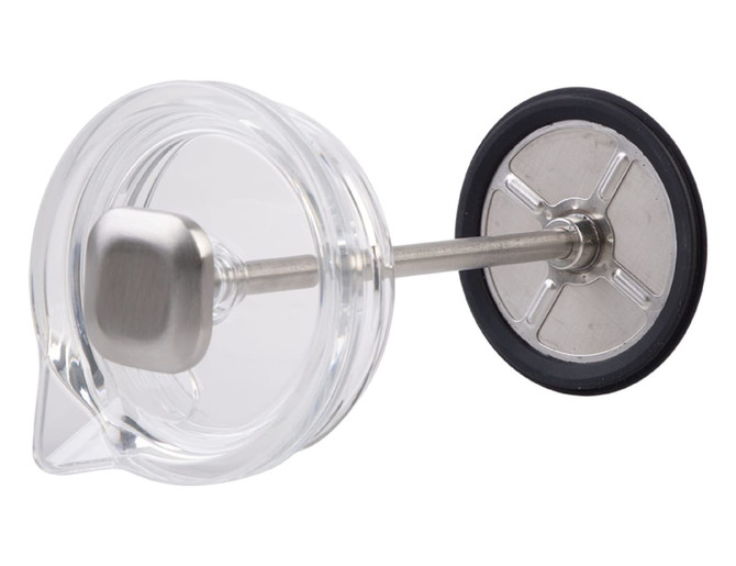 A drink bottle with a transparent body, stainless steel plunger, and an adjustable rubber seal.