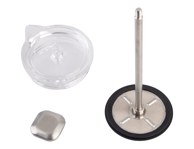 A coffee press assembly featuring a metal rod, a circular base, a lid, and a circular silicone pad.