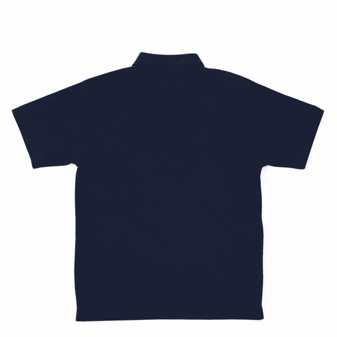 A navy polo shirt featuring a classic collar and a back view. The shirt includes a branding logo.