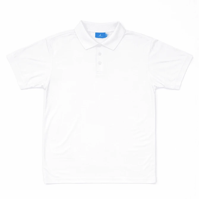 A white polo shirt featuring a collar and button placket, with a logo on the inside neck.