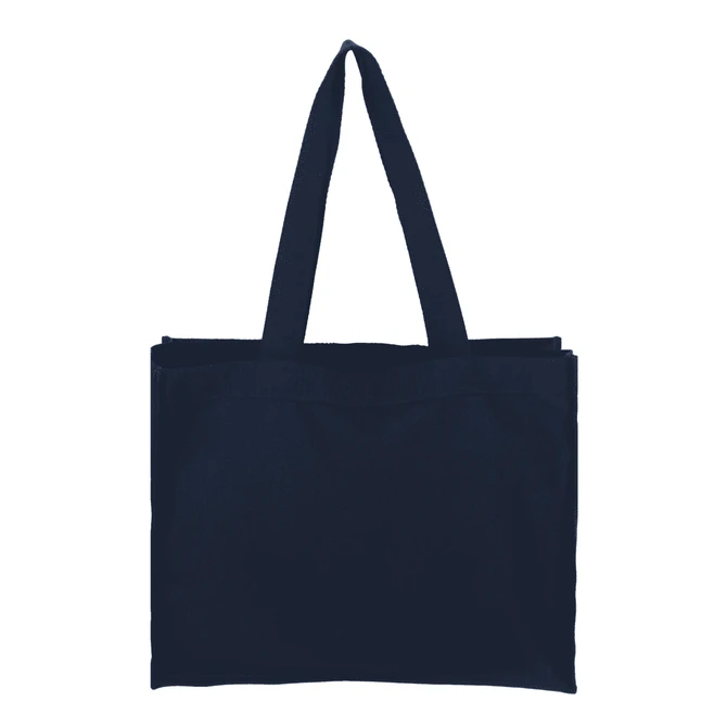 A navy canvas bag with two handles and a simple design. The bag includes a logo on one side.