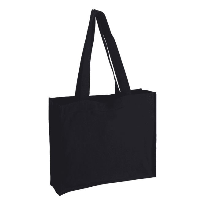 A black canvas bag with long handles and a simple design. It features a logo on one side.