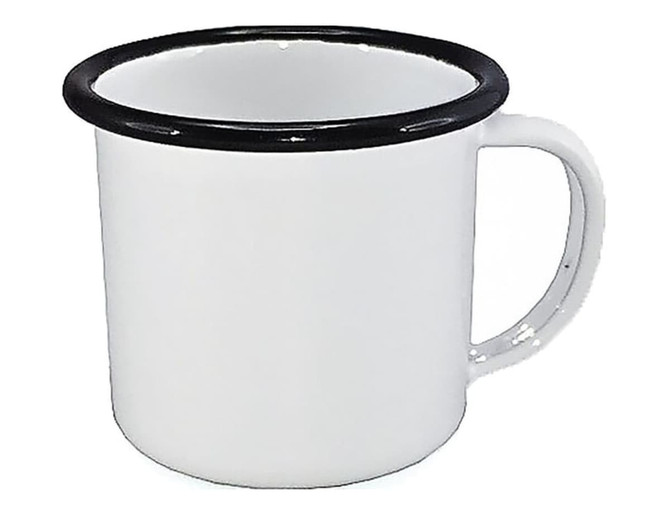 A white enamel espresso mug with a black rim and a sturdy handle, measuring 125ml and 6cm in height.