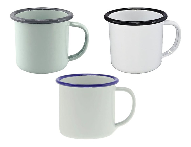 A set of three 125ml enamel espresso mugs in mint green, white, and light grey, each with a contrasting rim.