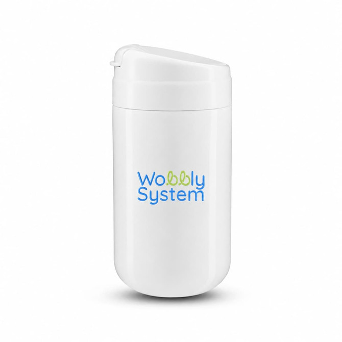 A white reusable coffee cup with a sealed lid and a logo on the front.