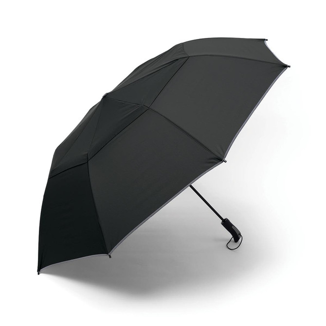 A compact black umbrella with a sturdy handle and a sleek, modern design. Features a branding logo on the handle.