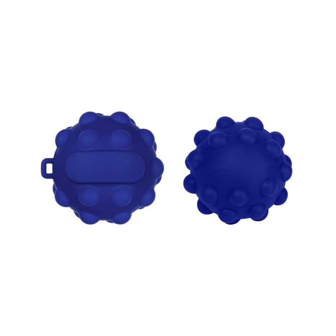 A blue Popper Ball with a textured surface and a flat area, featuring a logo.