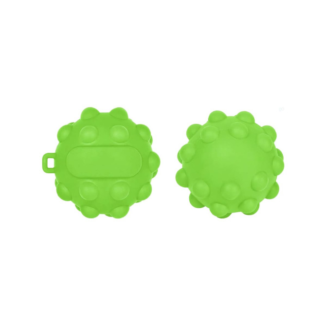 A bright green, textured popper ball with a smooth section and several raised dots. It features a small handle.