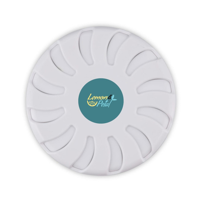 A white fragrance pot with a circular design and a teal central logo. Ideal for home use.
