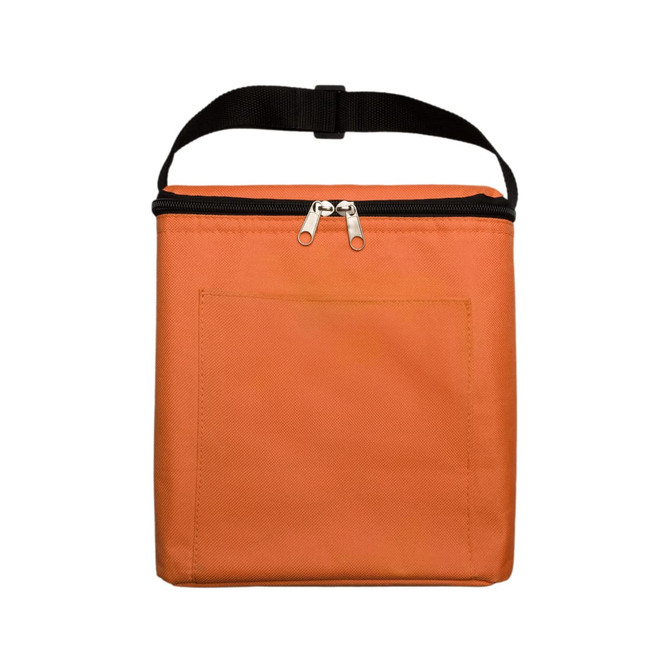 An orange zippered bag with a handle and a front pocket. Features a simple design for outdoor use.