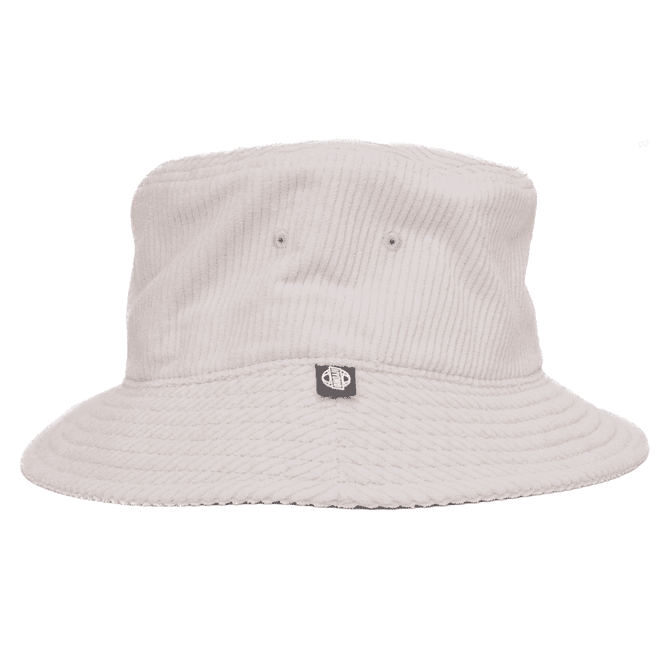 A cord bucket hat in a light beige colour with a logo tag on the side.