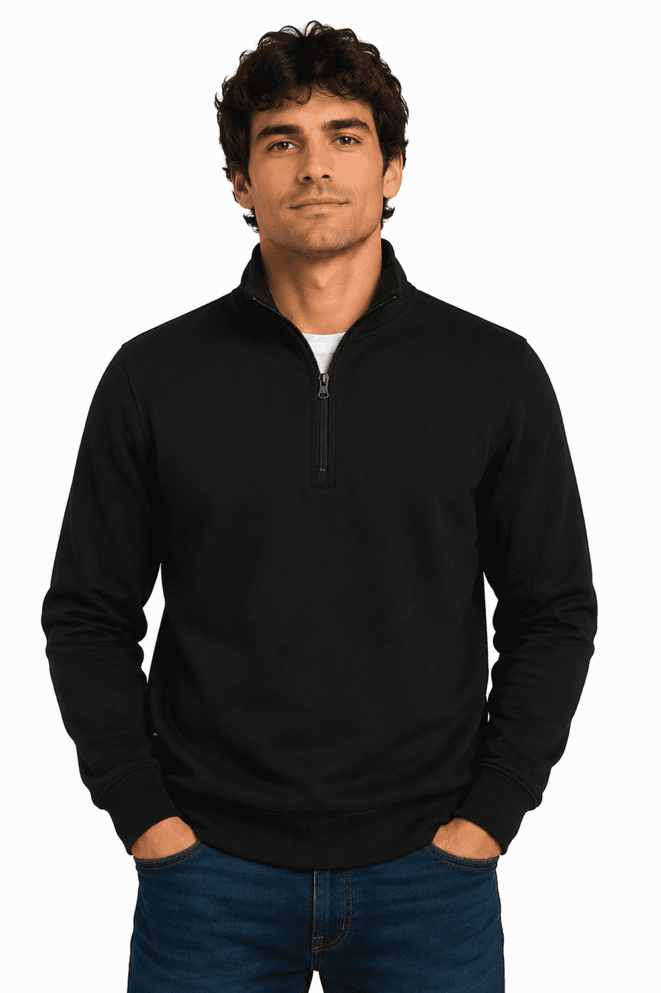 A black men's 1/4 zip sweater with a fitted collar, featuring a logo. Suitable for casual wear.