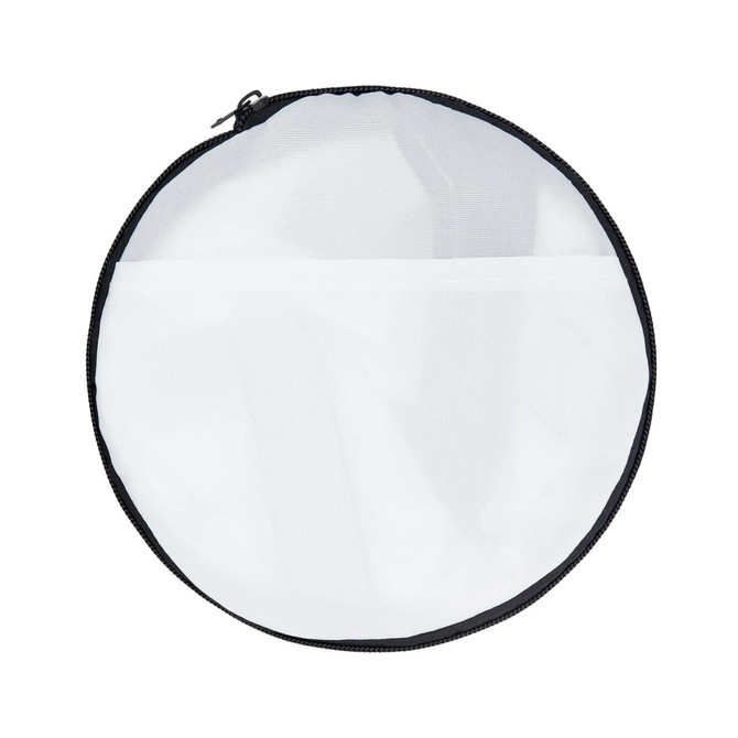 A round, zippered bag in black and white mesh, featuring a transparent top and a pocket on the front.
