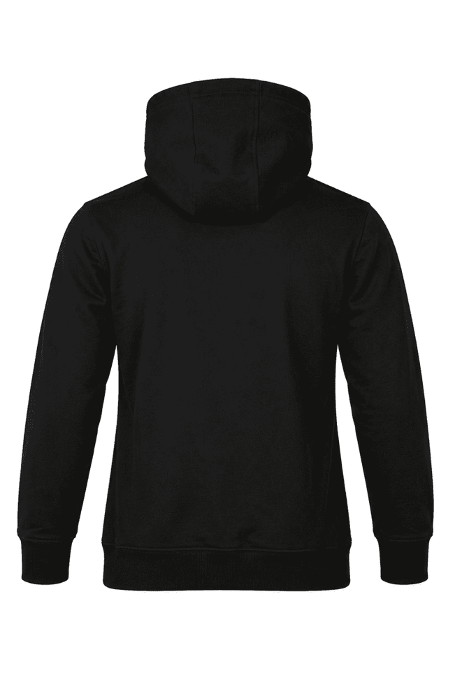 A black men's hoodie featuring a hood and long sleeves, with a simple design and a logo on the back.