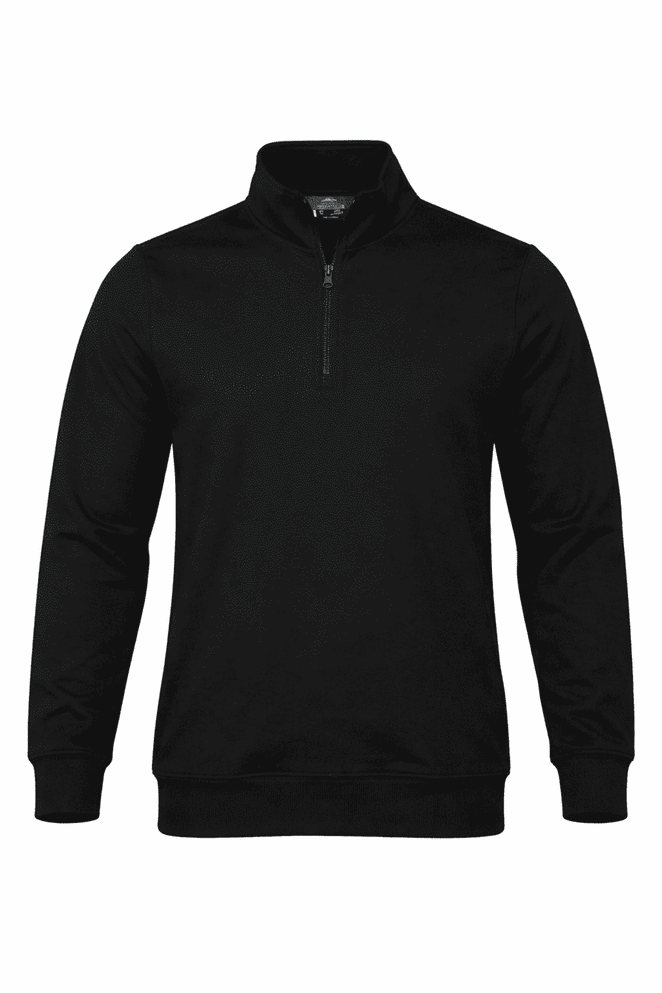 A black men's quarter-zip sweater with long sleeves and a logo on the chest.