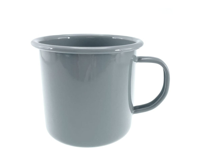 A grey enamel mug with a handle, featuring a glossy finish and a rounded rim, includes branding.