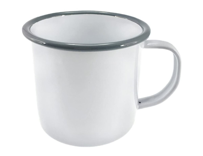A mug featuring a white enamel finish with a contrasting grey rim and handle, includes a branding logo.