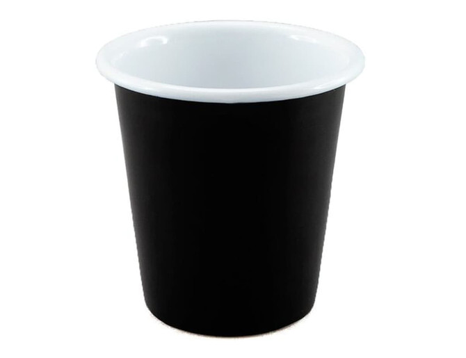 A black tumbler with a white interior, featuring a logo on the side.