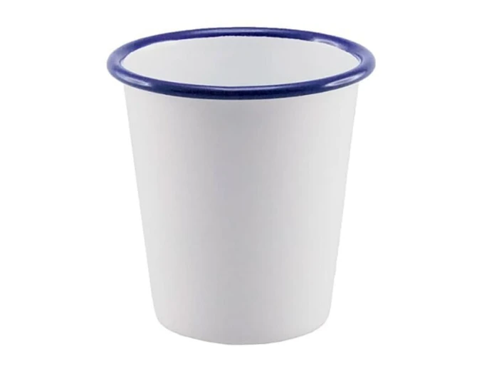 A white tumbler with a blue rim, designed for drinks. It has a logo on the surface.