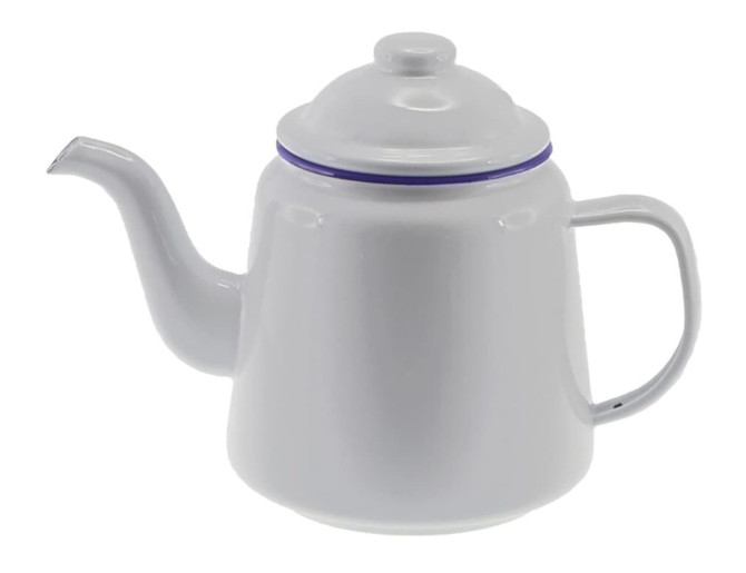 A white enamel teapot with a purple rim, featuring a spout and a lid. It has one handle and a smooth finish.
