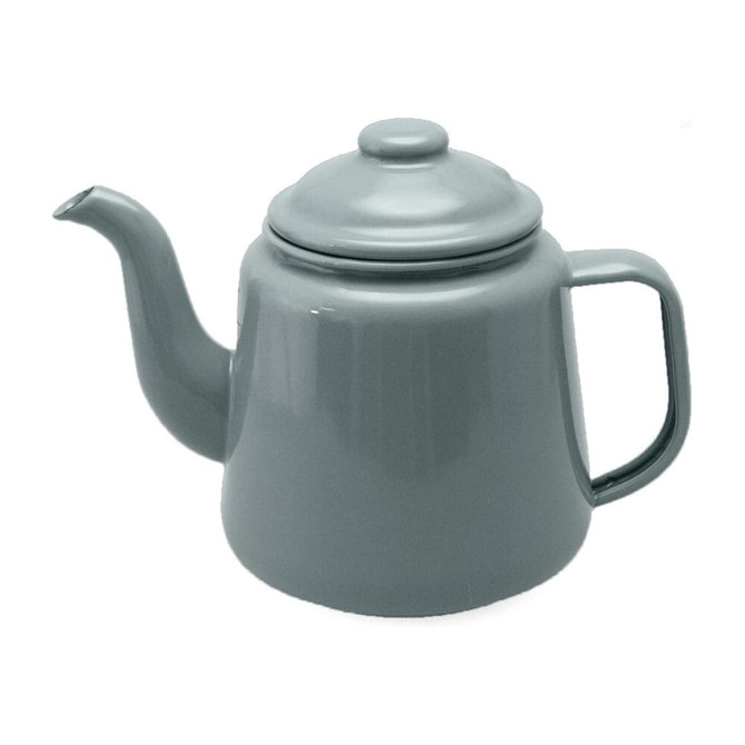 A grey enamel teapot with a spout and handle, featuring a lid and a smooth finish. Includes a logo.