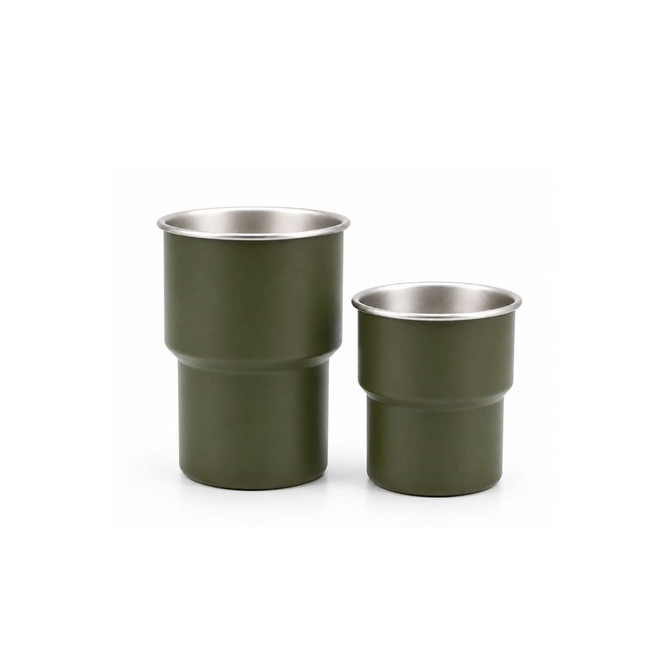 A stainless steel camping mug set in olive green, featuring a larger and smaller mug. Both have a silver interior and branding.