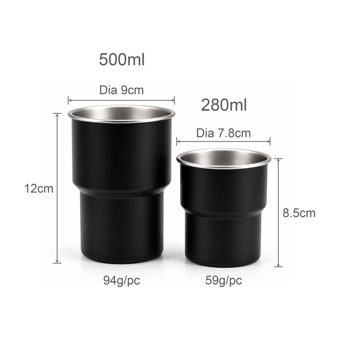 A stainless steel camping mug set in black, featuring a 500ml and a 280ml size, with labelled dimensions.