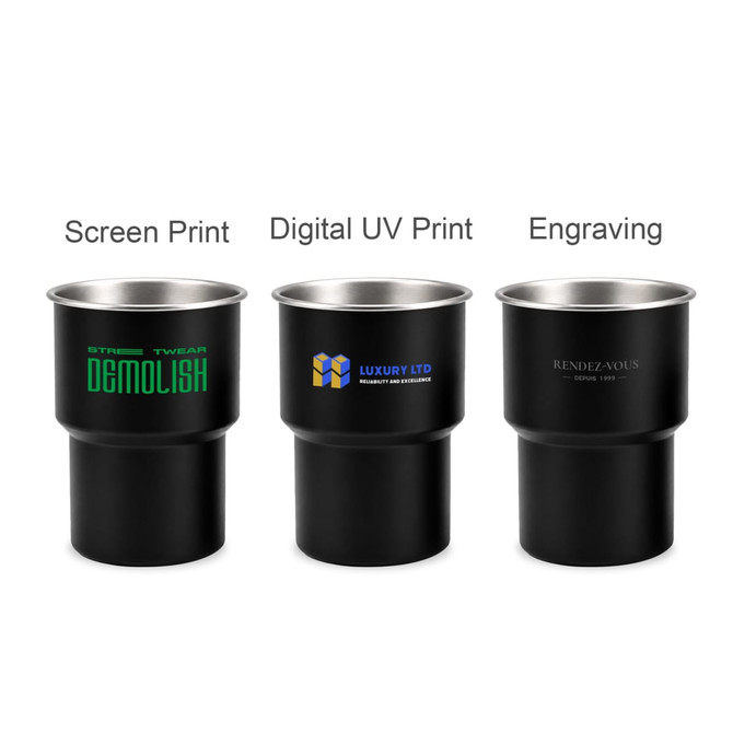 A stainless steel camping mug in black, featuring various printing options and a logo on each.