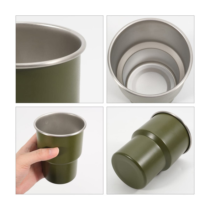 A green stainless steel camping mug, featuring an inner stainless steel lining and a sturdy base, complete with a logo.