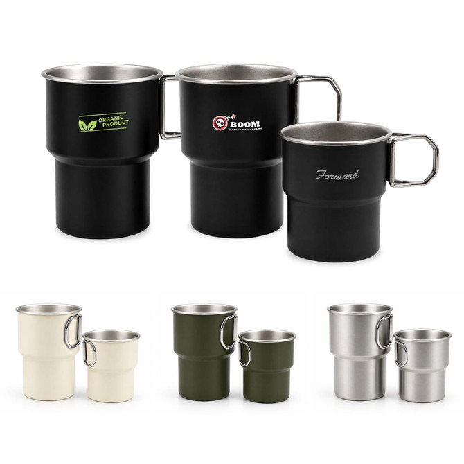 A collection of stainless steel camping mugs in black, green, white, and silver, featuring handles and various logos.