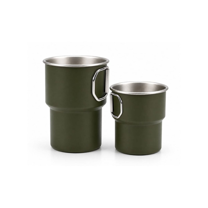 A stainless steel camping mug set in green, featuring a handle, includes two sizes: 280ML and 500ML.
