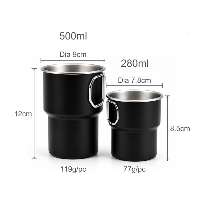 A stainless steel camping mug set in black, featuring two sizes: 280ml and 500ml, both with handles.