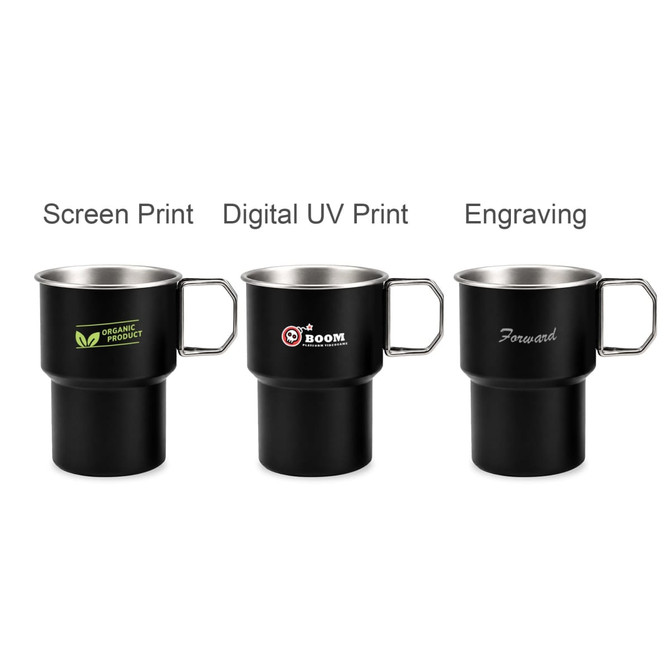 A stainless steel camping mug with a handle, available in black, featuring logos and different printing options.